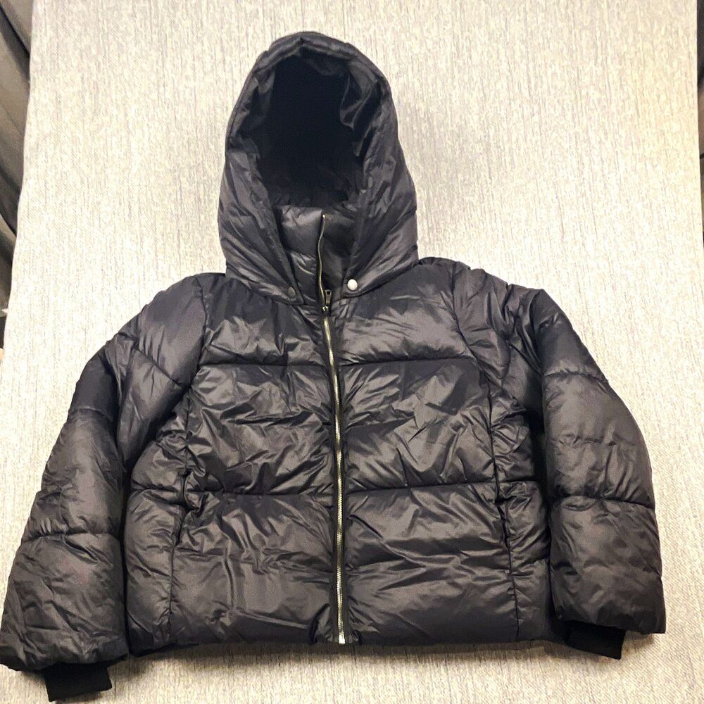 Banana Republic Women's XS Short Hooded Puffer Jacket Black Full Zip Coat 403270